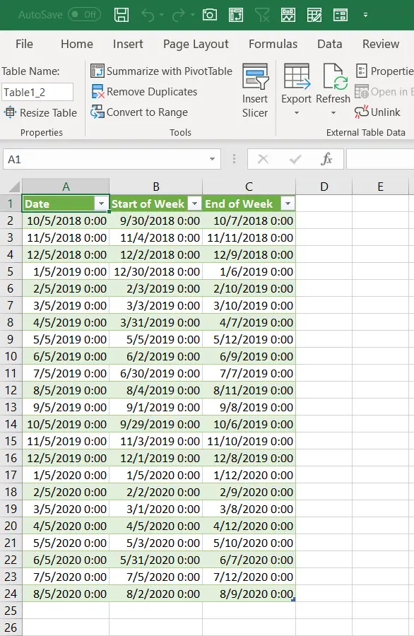 Start and end of week dates with Power Query
