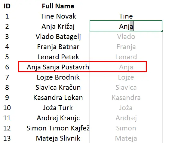AI in Excel - Flash Fill, Two first names