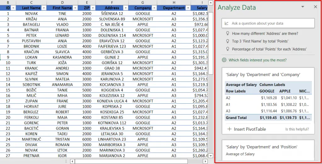 Artificial Intelligence in Excel - Analyze Data